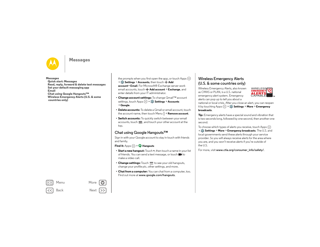 Chat using google hangouts, Countries only), Next | See “ chat using google hangouts, Messages | Motorola moto E User Manual | Page 35 / 70