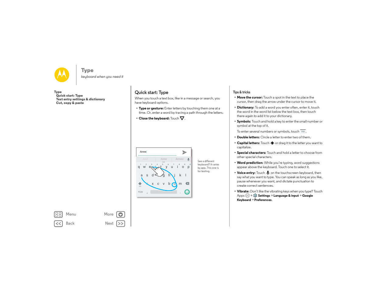 Type, Quick start: type, Next | Motorola moto E User Manual | Page 36 / 70