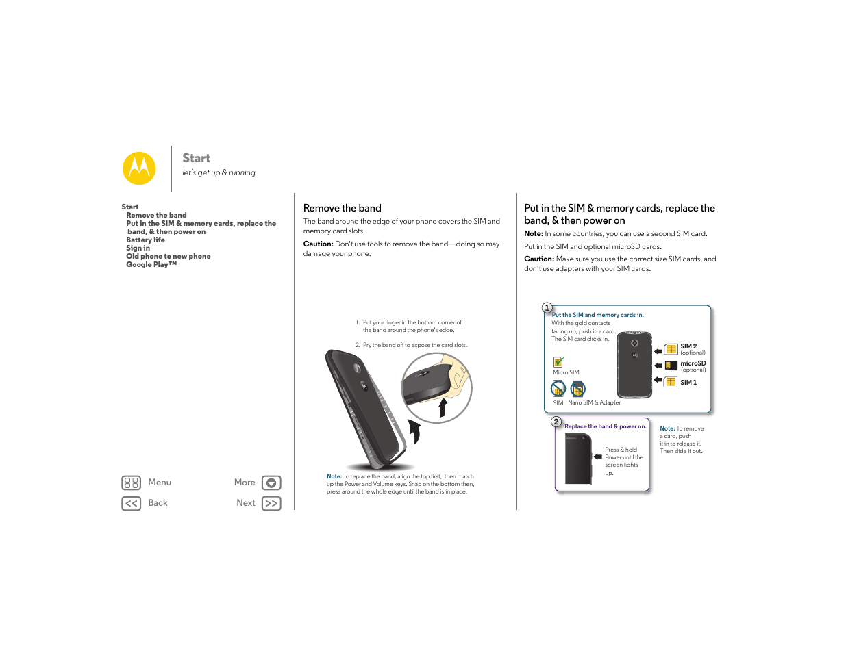 Start, Remove the band, St t | Next | Motorola moto E User Manual | Page 4 / 70