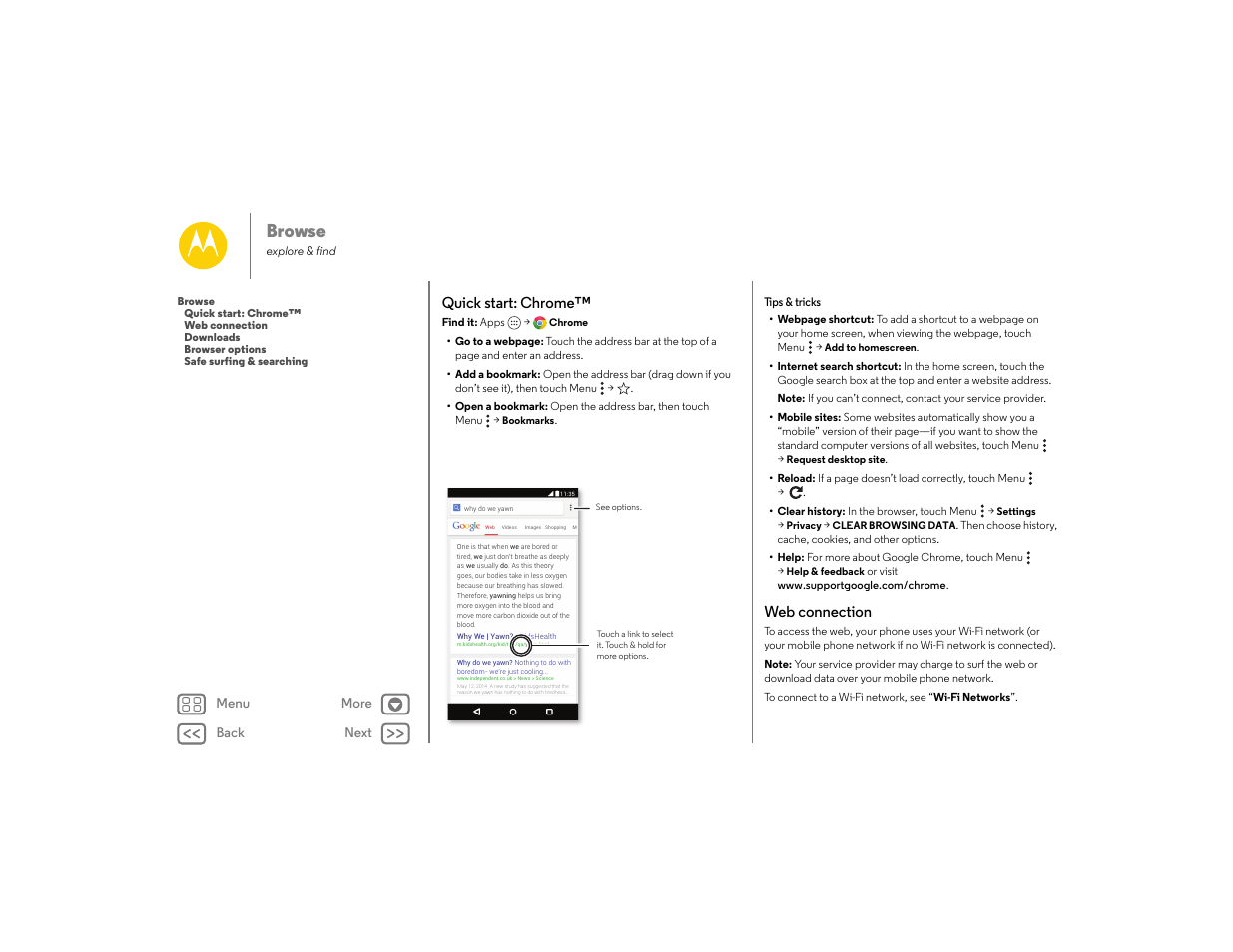 Browse, Quick start: chrome, Web connection | E “ browse, Next | Motorola moto E User Manual | Page 41 / 70