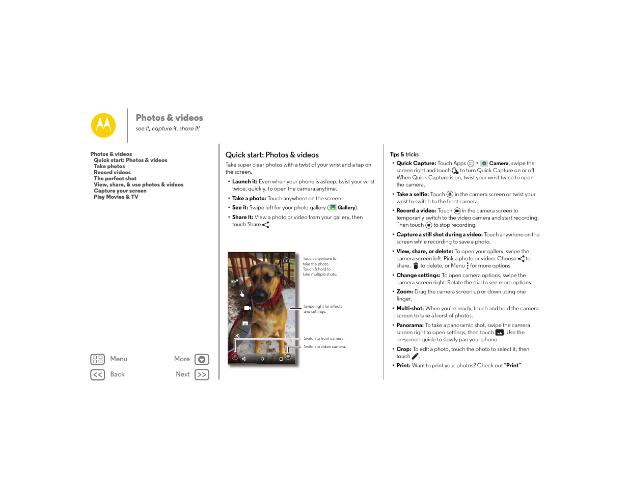 Photos & videos, Quick start: photos & videos, Next | Motorola moto E User Manual | Page 43 / 70