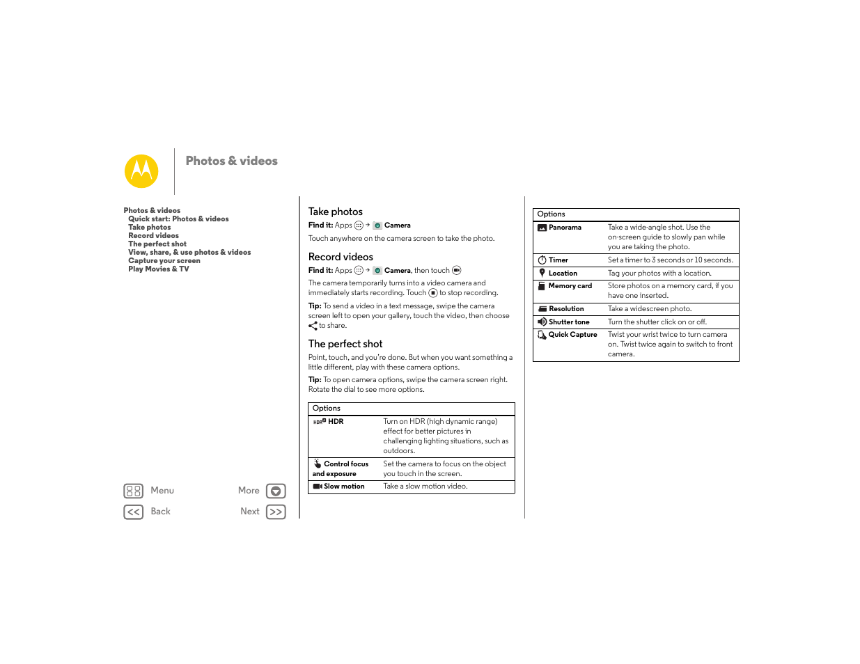 Take photos, Record videos, The perfect shot | See “ take photos, Next, Take photos record videos the perfect shot, Photos & videos | Motorola moto E User Manual | Page 44 / 70