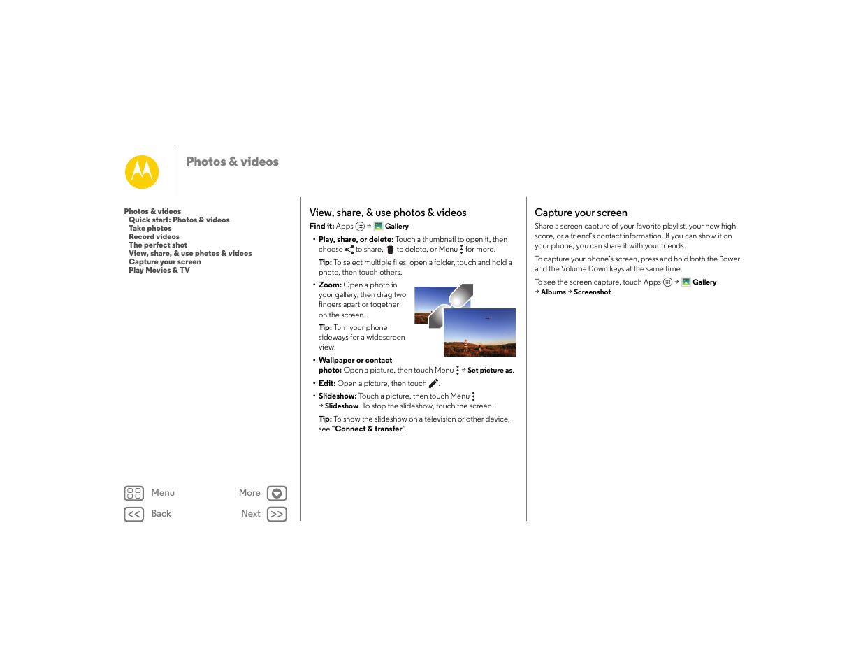 View, share, & use photos & videos, Capture your screen, Next | Photos & videos | Motorola moto E User Manual | Page 45 / 70