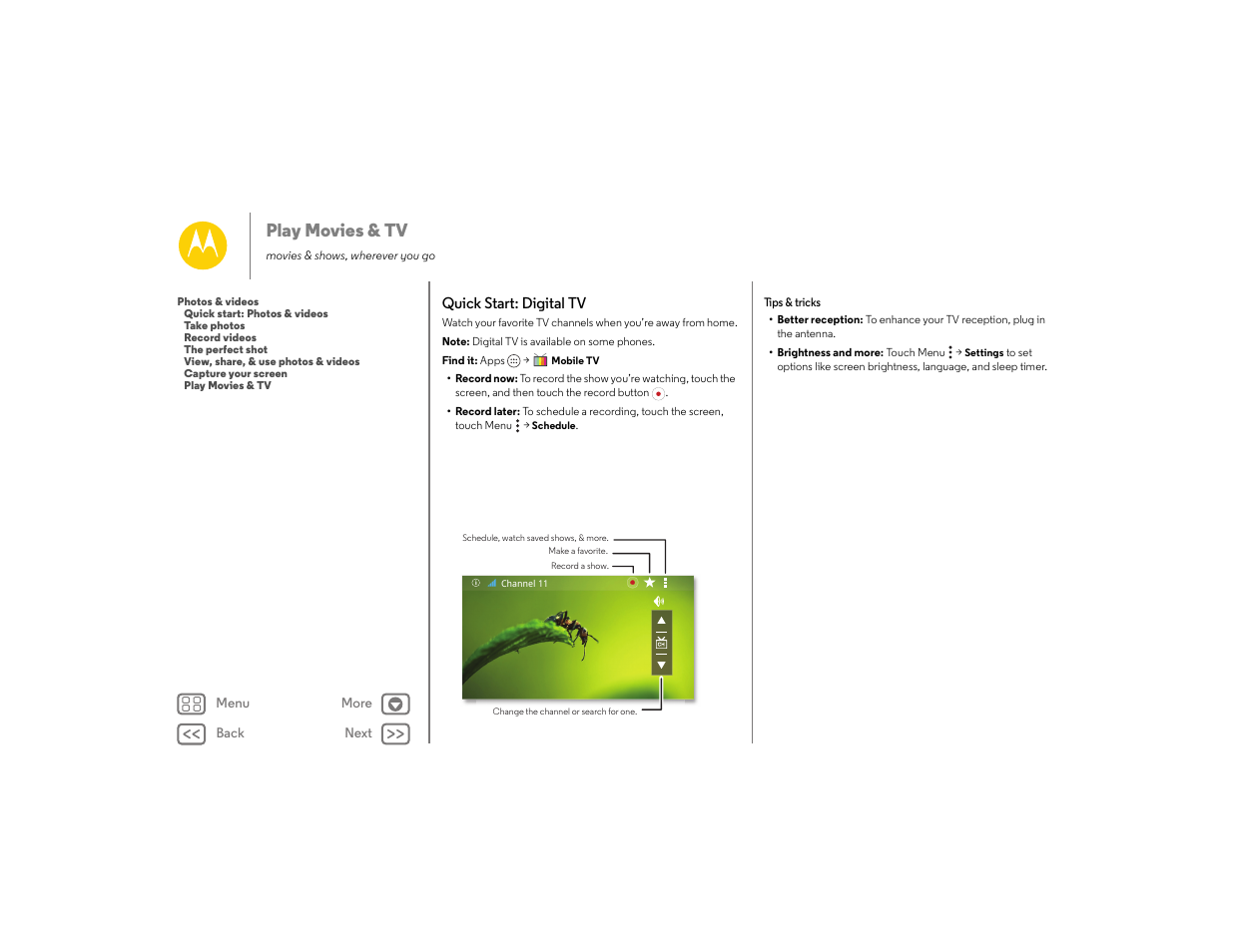 Play movies & tv, Quick start: digital tv, Next | Motorola moto E User Manual | Page 46 / 70