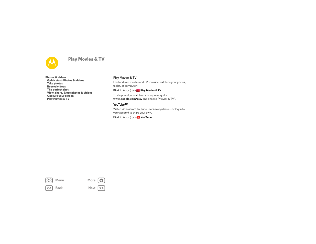 Play movies & tv, Play movies & tv ” ap, Next | Motorola moto E User Manual | Page 47 / 70