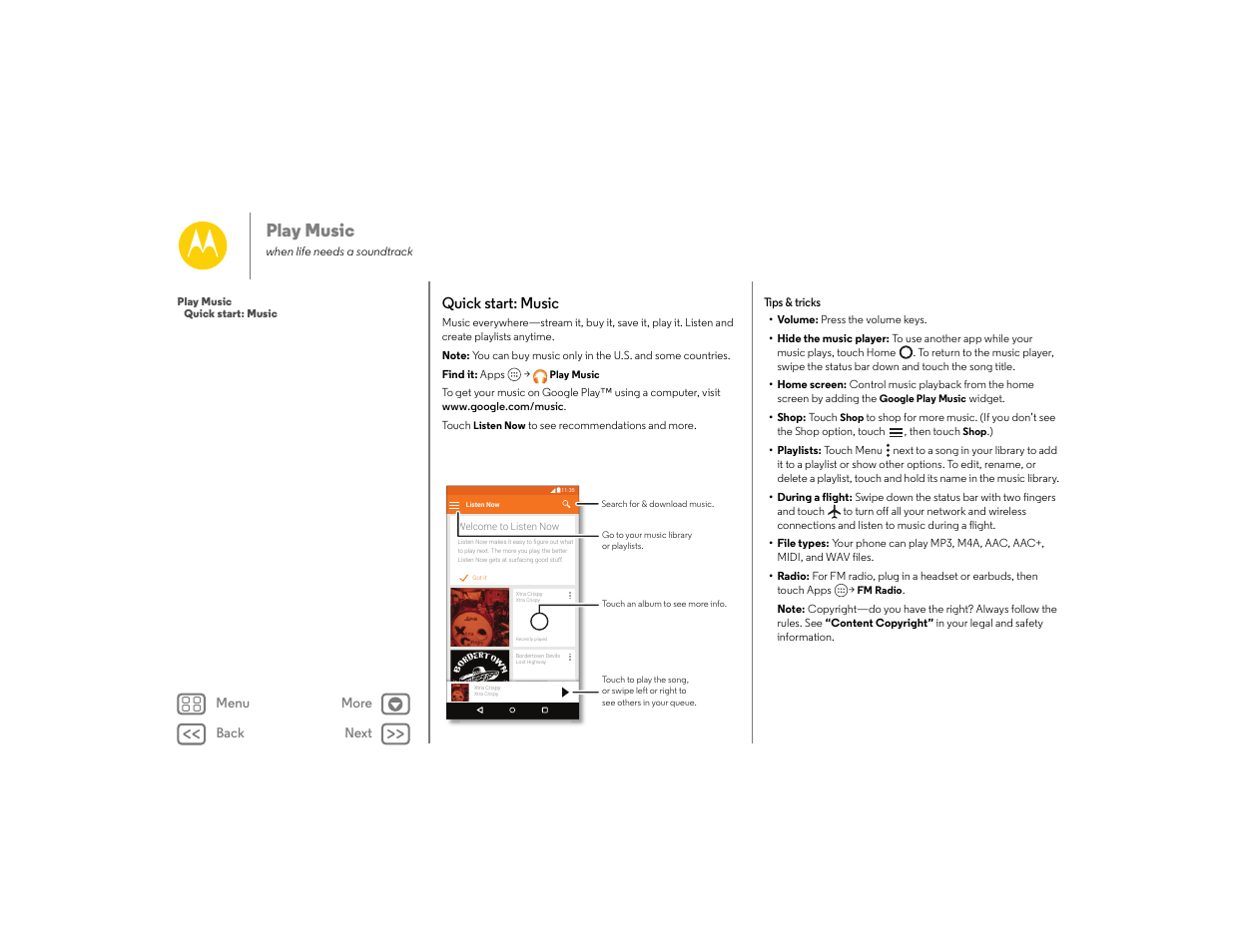 Play music, Quick start: music, Music | Next | Motorola moto E User Manual | Page 48 / 70