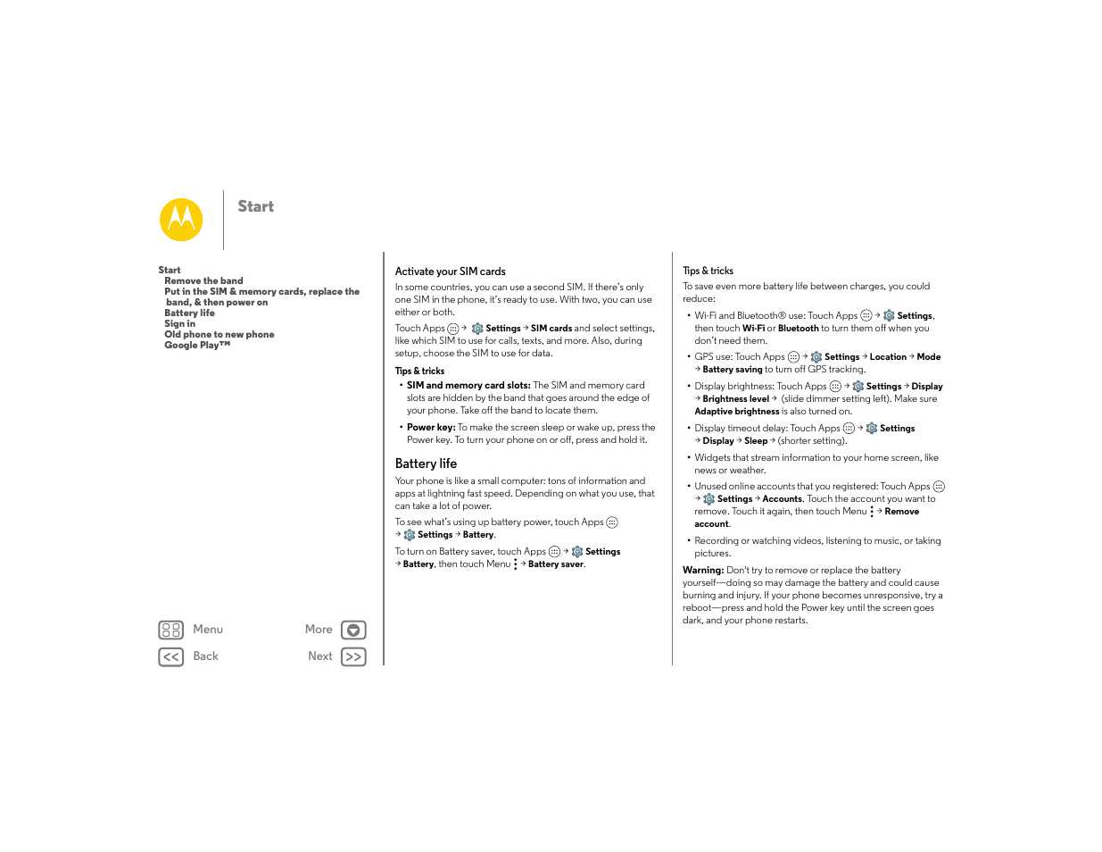 Battery life, Next, Start | Motorola moto E User Manual | Page 5 / 70