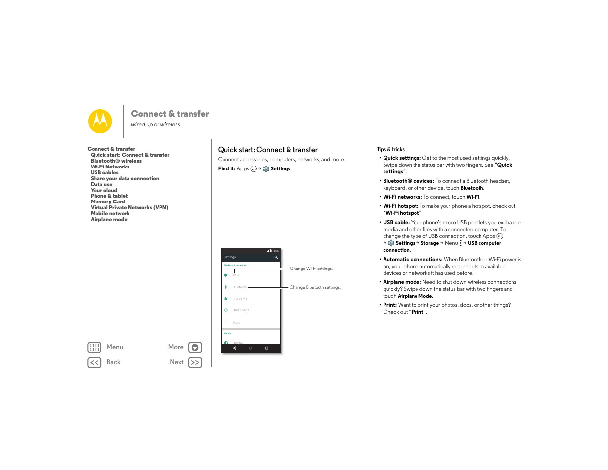 Connect & transfer, Quick start: connect & transfer, E “ connect & transfer | Next | Motorola moto E User Manual | Page 52 / 70