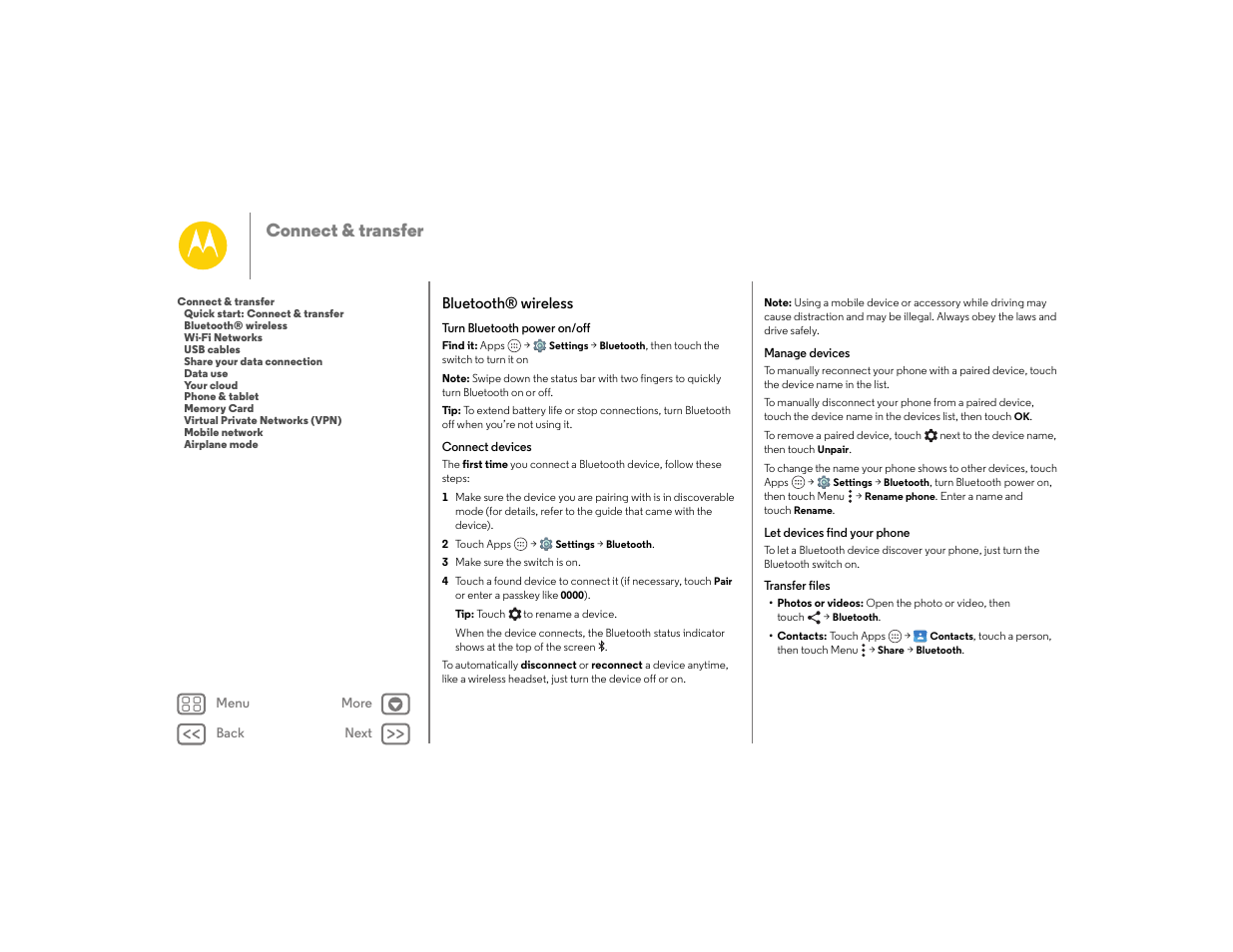 Bluetooth® wireless, Next, Connect & transfer | Motorola moto E User Manual | Page 53 / 70