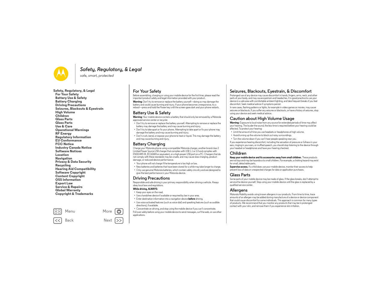 Safety, regulatory, & legal, For your safety, Battery use & safety | Battery charging, Driving precautions, Seizures, blackouts, eyestrain, & discomfort, Caution about high volume usage, Children, Glass parts, Allergens | Motorola moto E User Manual | Page 63 / 70