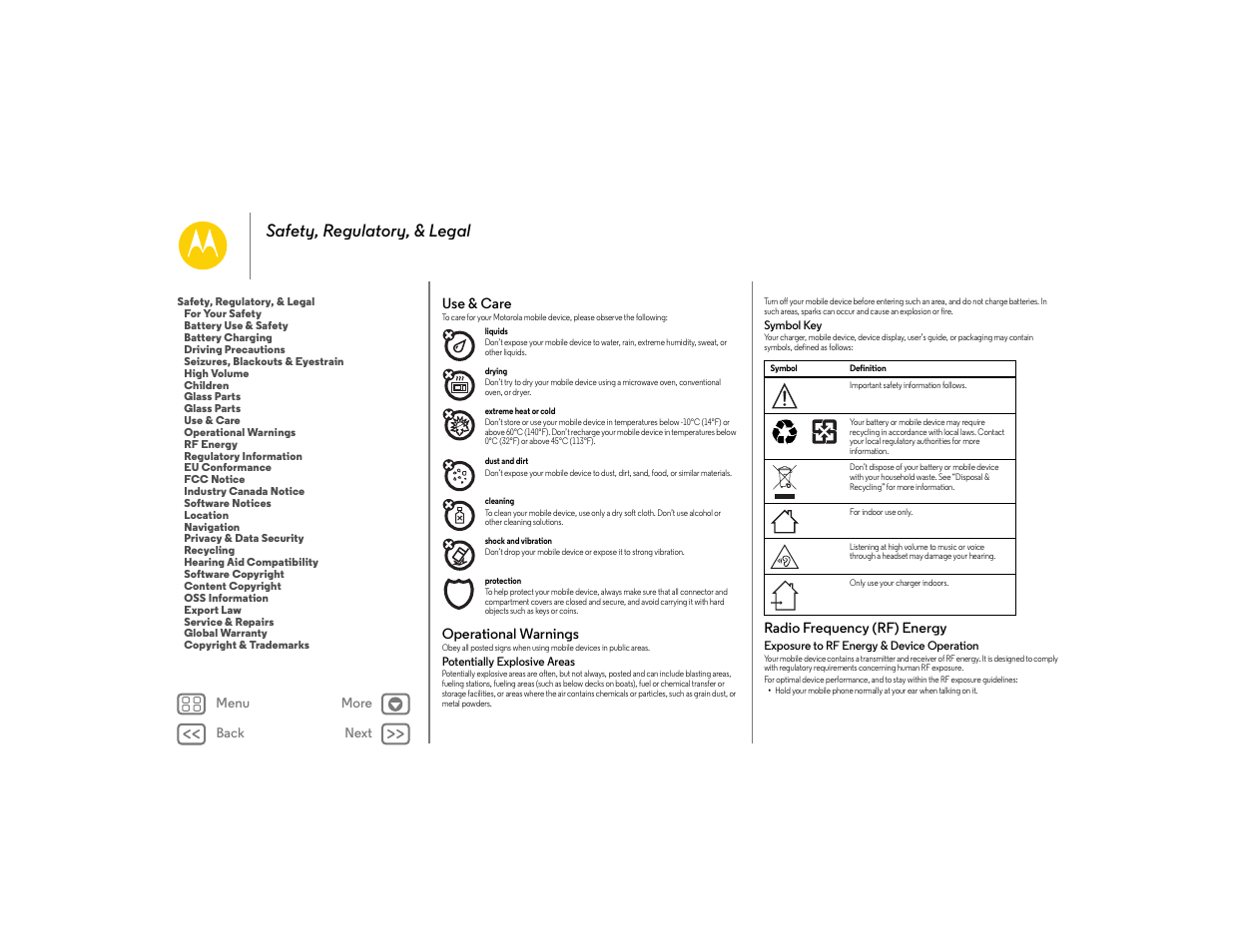 Use & care, Operational warnings, Radio frequency (rf) energy | Safety, regulatory, & legal | Motorola moto E User Manual | Page 64 / 70