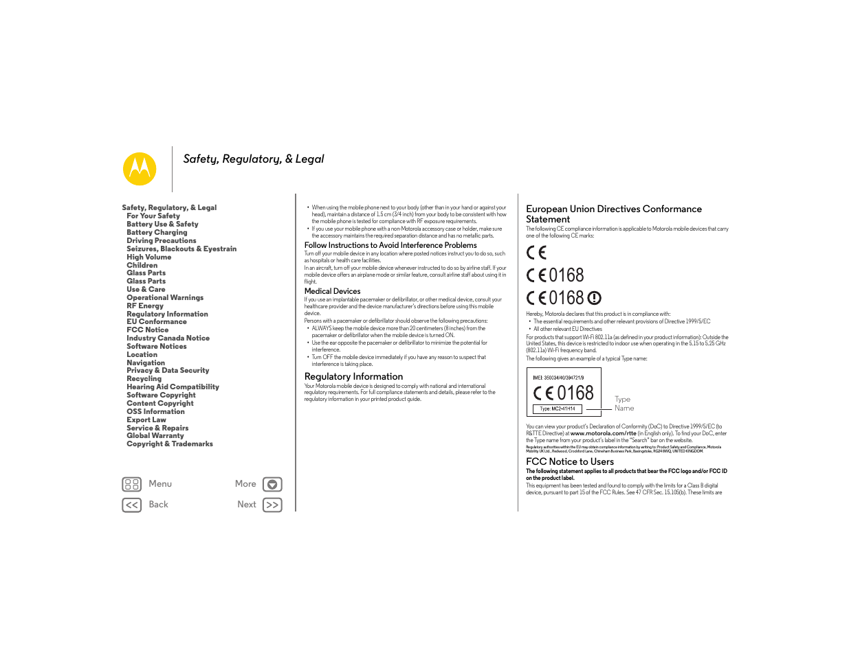 Regulatory information, European union directives conformance statement, Fcc notice to users | Next, Regulatory information eu conformance fcc notice, Safety, regulatory, & legal | Motorola moto E User Manual | Page 65 / 70