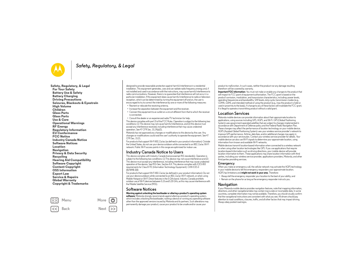 Industry canada notice to users, Software notices, Location services | Navigation, Next, Safety, regulatory, & legal | Motorola moto E User Manual | Page 66 / 70