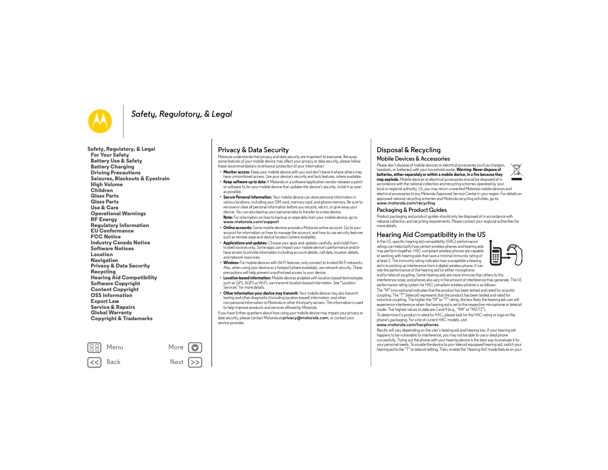 Privacy & data security, Disposal & recycling, Hearing aid compatibility in the us | Next, Safety, regulatory, & legal | Motorola moto E User Manual | Page 67 / 70