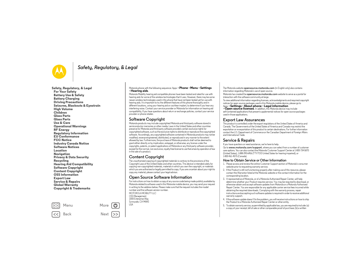 Software copyright, Content copyright, Open source software information | Export law assurances, Service & repairs, S. see “ content copyright, Next, Safety, regulatory, & legal | Motorola moto E User Manual | Page 68 / 70