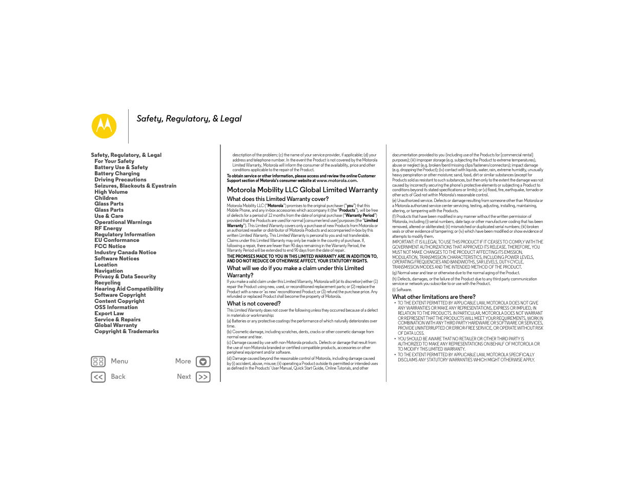 Motorola mobility llc global limited warranty, Global warranty, Next | Safety, regulatory, & legal | Motorola moto E User Manual | Page 69 / 70