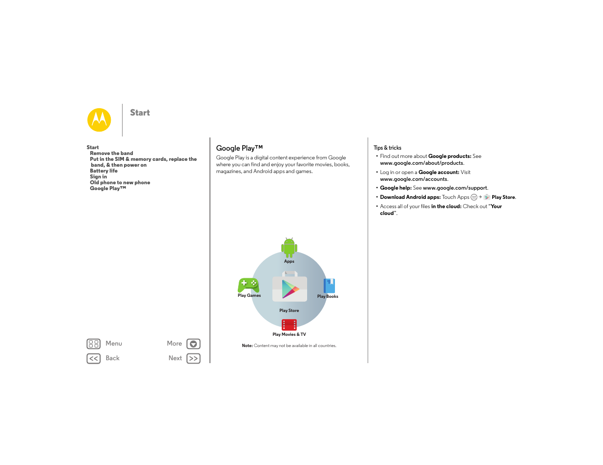 Google play, Next, Start | Motorola moto E User Manual | Page 8 / 70