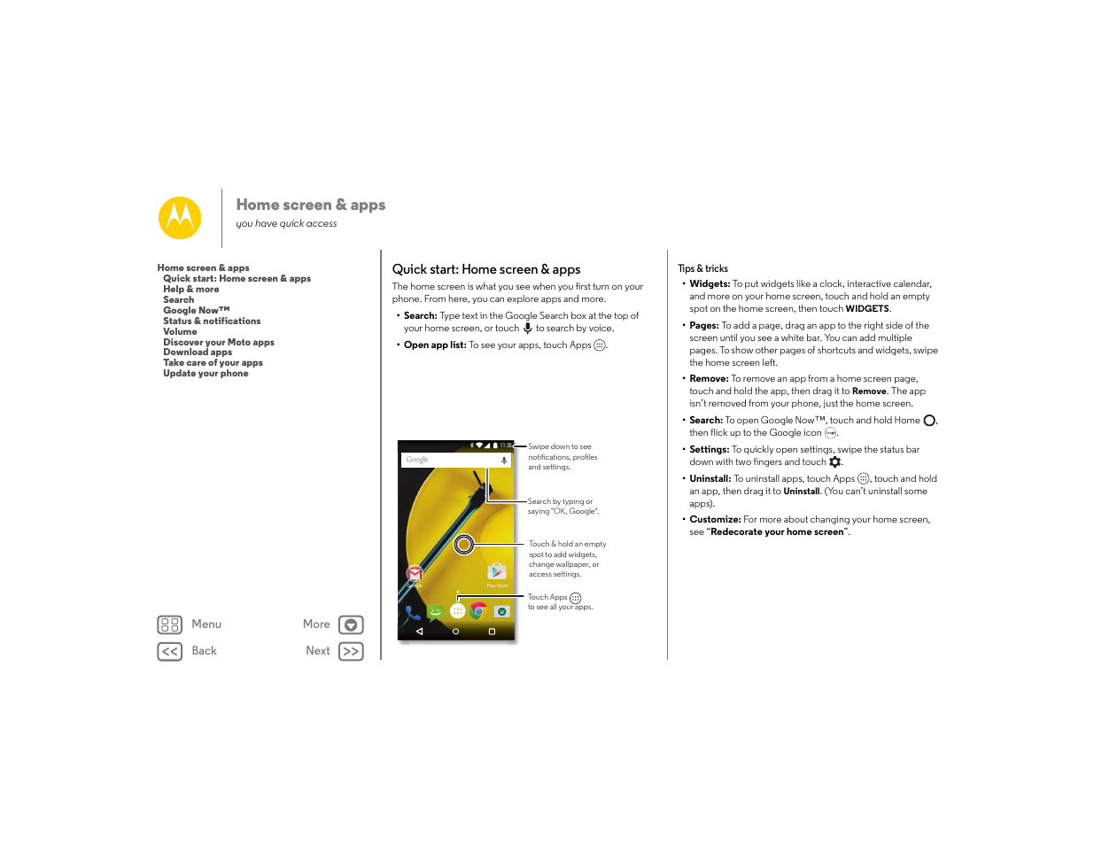 Home screen & apps, Quick start: home screen & apps, Next | Motorola moto E User Manual | Page 9 / 70