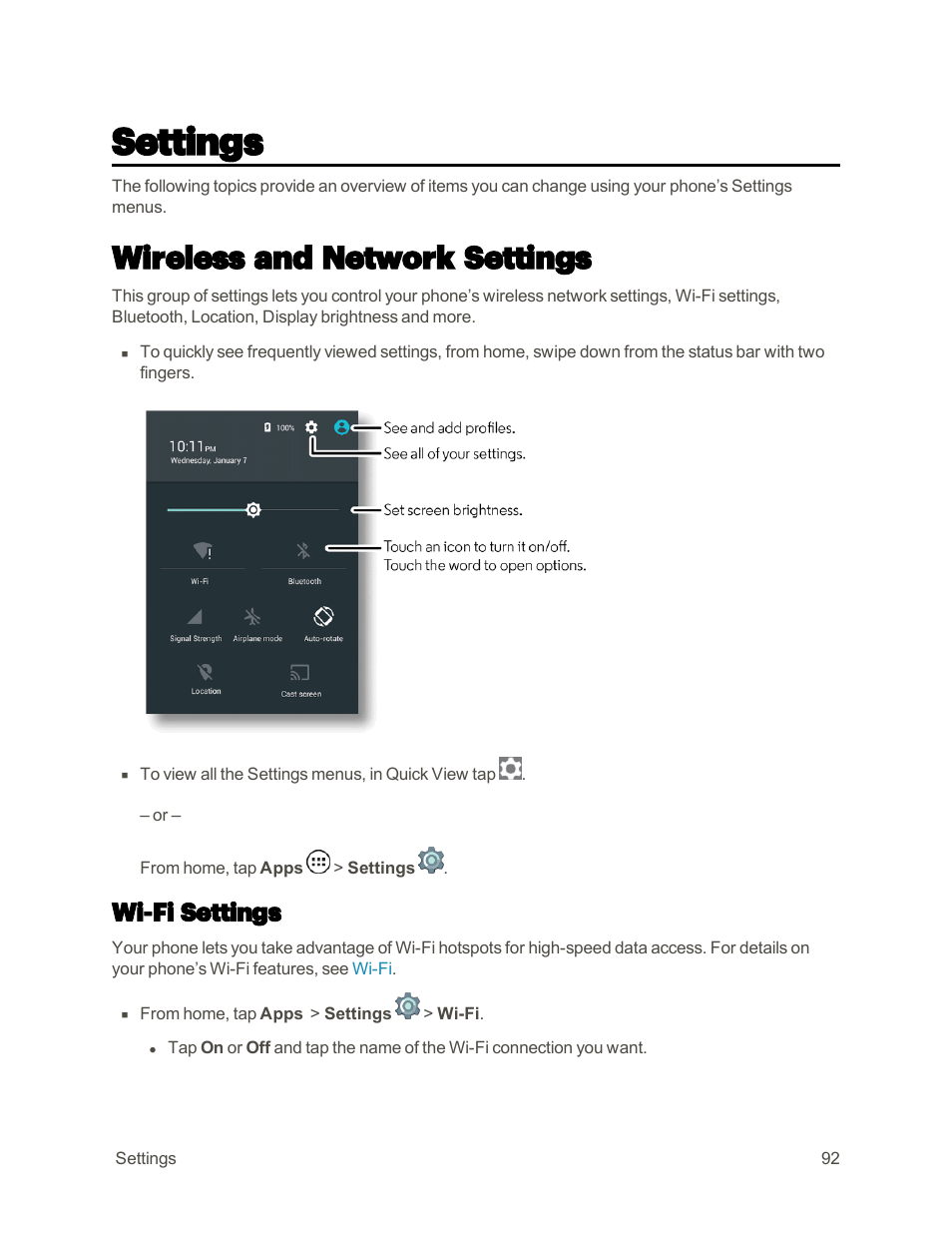 Settings, Wireless and network settings, Wi-fi settings | Motorola moto E User Manual | Page 100 / 171