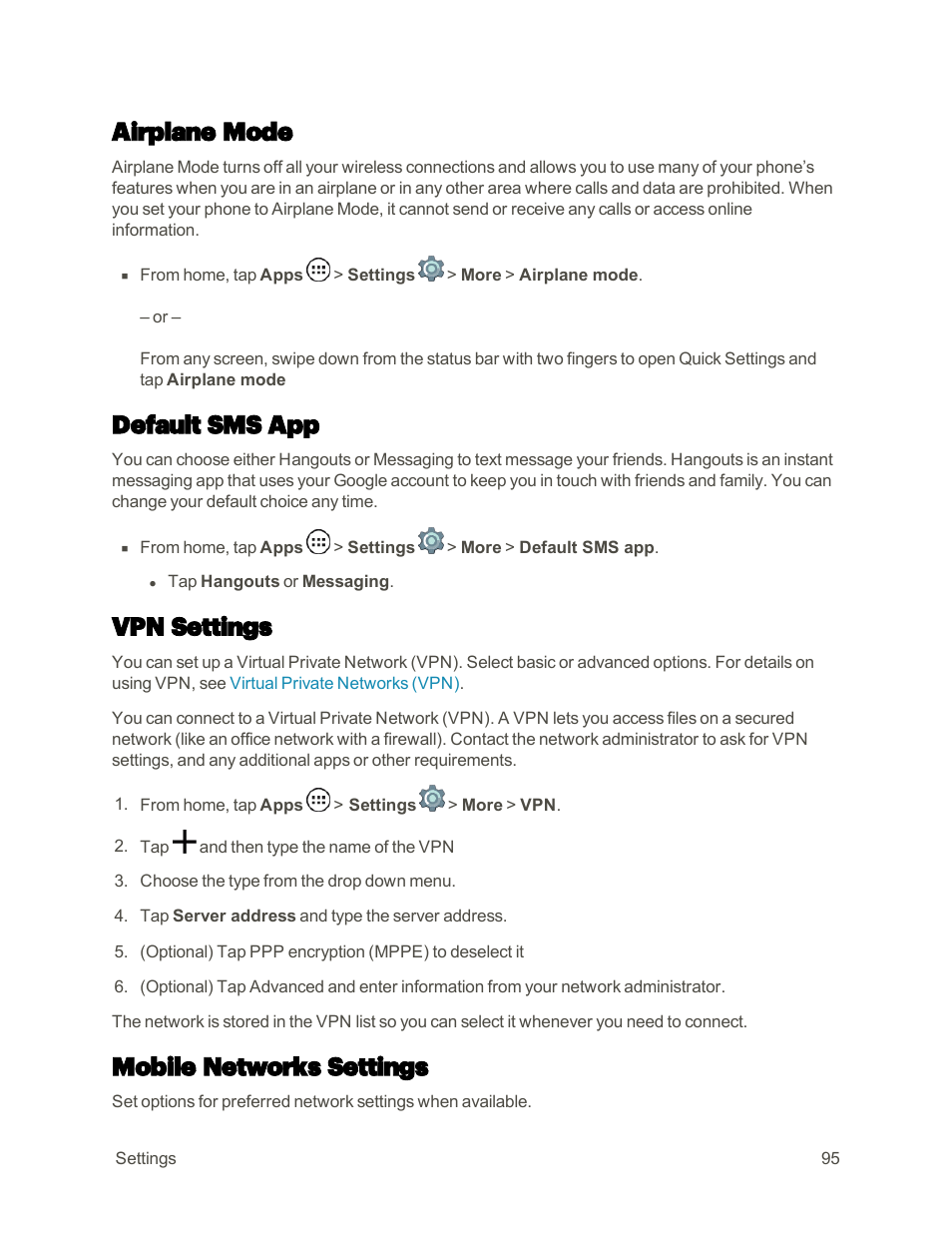 Airplane mode, Default sms app, Vpn settings | Mobile networks settings | Motorola moto E User Manual | Page 103 / 171