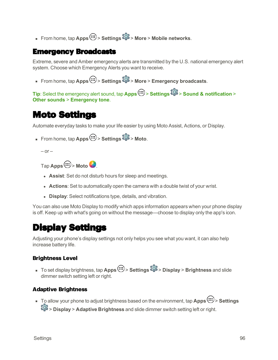 Emergency broadcasts, Moto settings, Display settings | Motorola moto E User Manual | Page 104 / 171