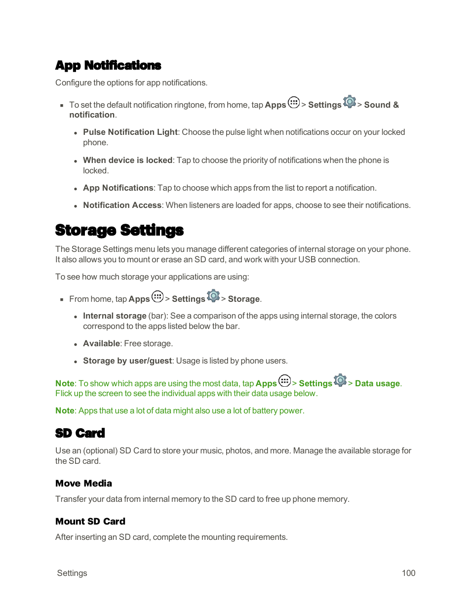 App notifications, Storage settings, Sd card | Motorola moto E User Manual | Page 108 / 171