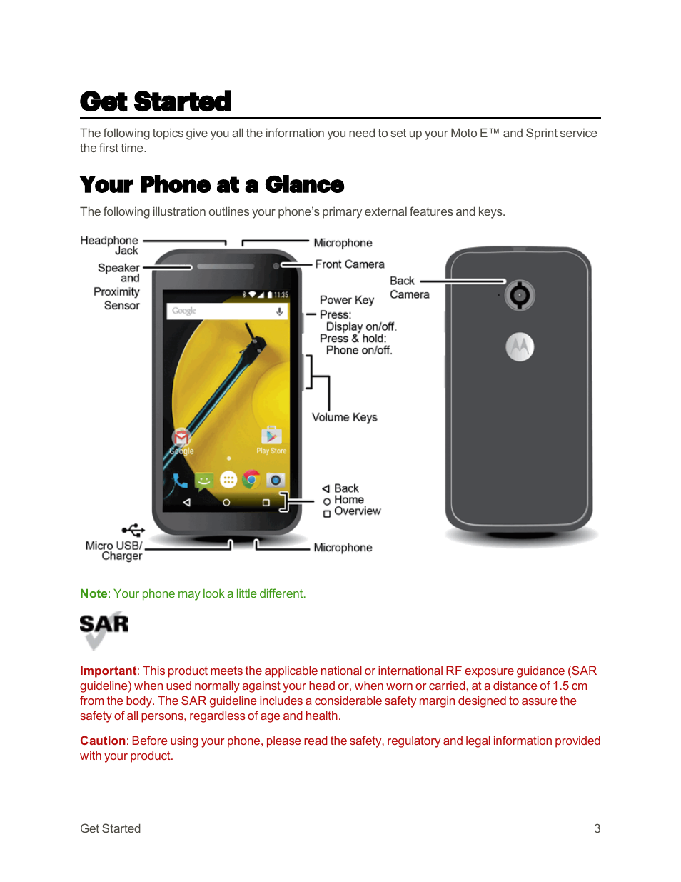 Get started, Your phone at a glance | Motorola moto E User Manual | Page 11 / 171