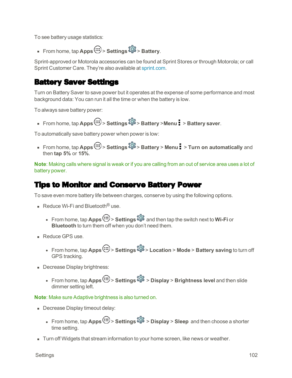 Battery saver settings, Tips to monitor and conserve battery power | Motorola moto E User Manual | Page 110 / 171