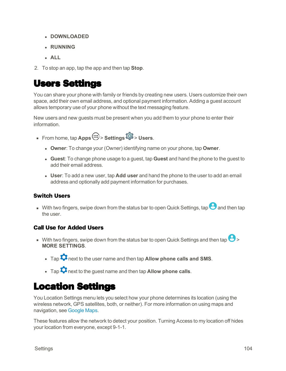 Users settings, Location settings | Motorola moto E User Manual | Page 112 / 171