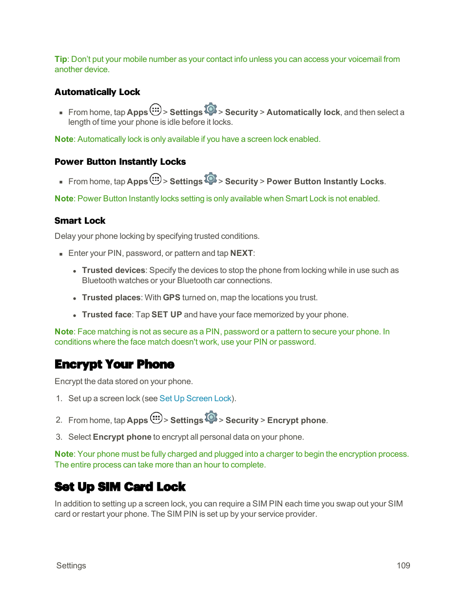 Encrypt your phone, Set up sim card lock | Motorola moto E User Manual | Page 117 / 171