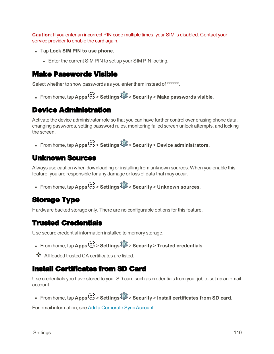 Make passwords visible, Device administration, Unknown sources | Storage type, Trusted credentials, Install certificates from sd card | Motorola moto E User Manual | Page 118 / 171