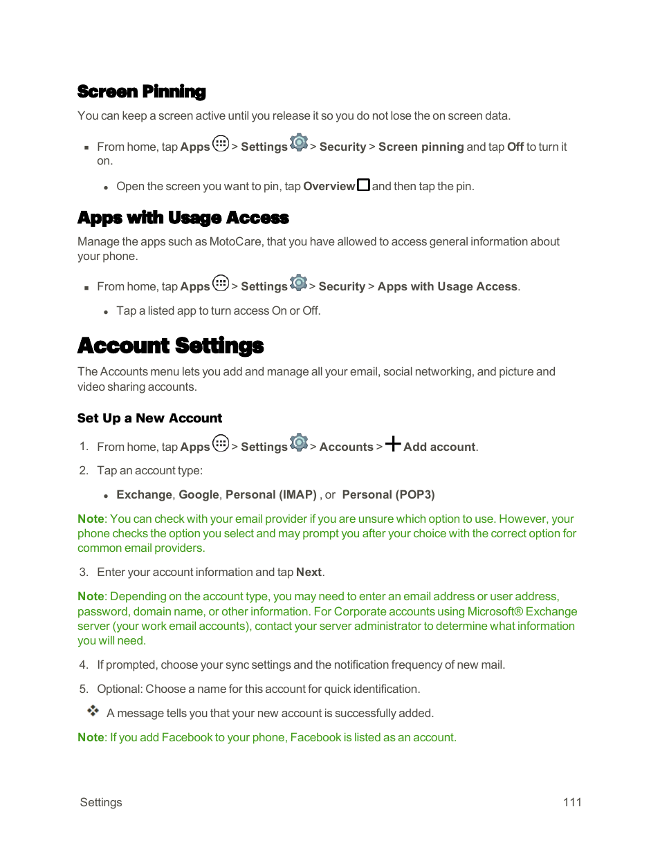 Screen pinning, Apps with usage access, Account settings | Motorola moto E User Manual | Page 119 / 171