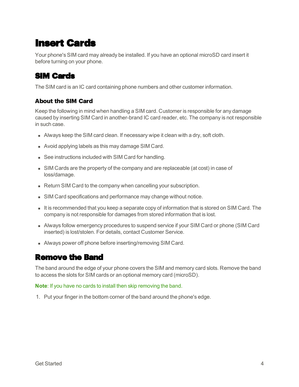 Insert cards, Sim cards, Remove the band | Motorola moto E User Manual | Page 12 / 171