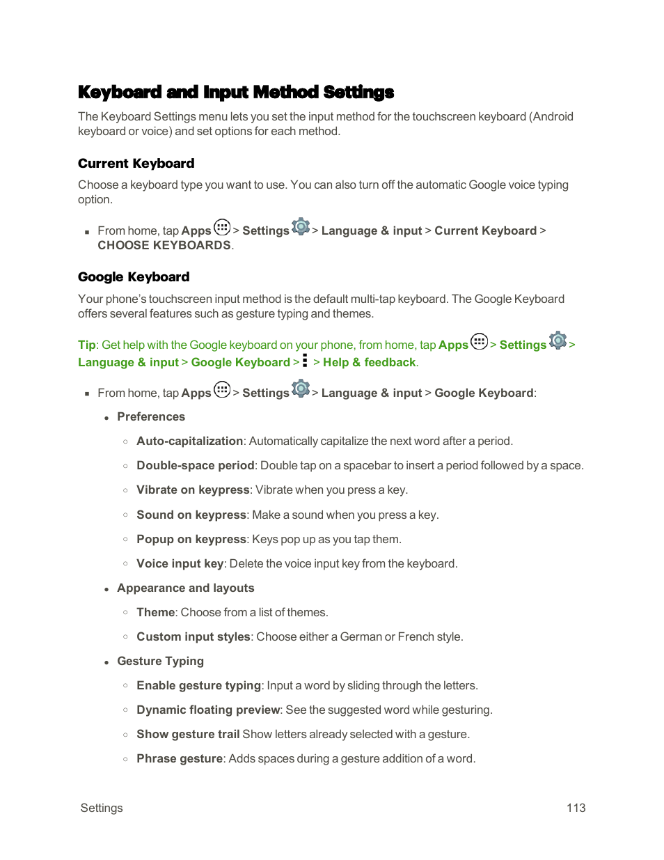 Keyboard and input method settings | Motorola moto E User Manual | Page 121 / 171