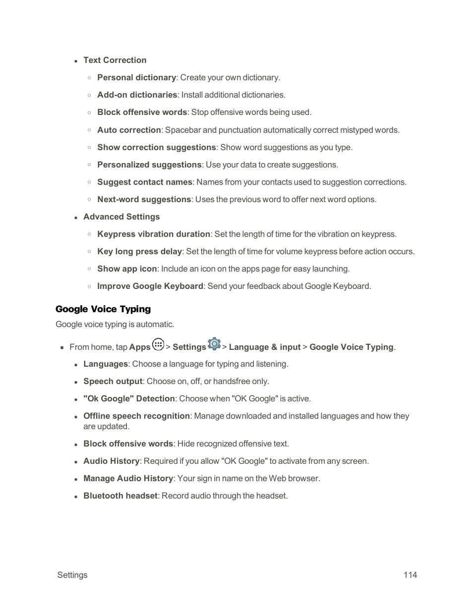 Google voice, Typing, For details) | Google voice typing | Motorola moto E User Manual | Page 122 / 171