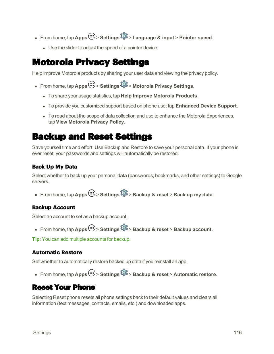 Motorola privacy settings, Backup and reset settings, Reset your phone | Motorola moto E User Manual | Page 124 / 171