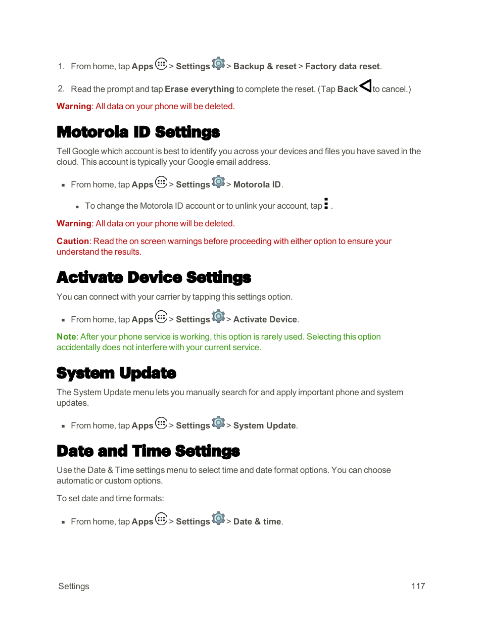 Motorola id settings, Activate device settings, System update | Date and time settings | Motorola moto E User Manual | Page 125 / 171