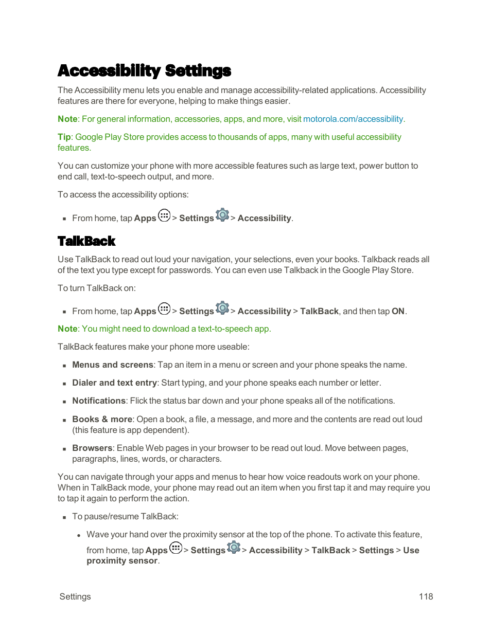 Accessibility settings, Talkback | Motorola moto E User Manual | Page 126 / 171