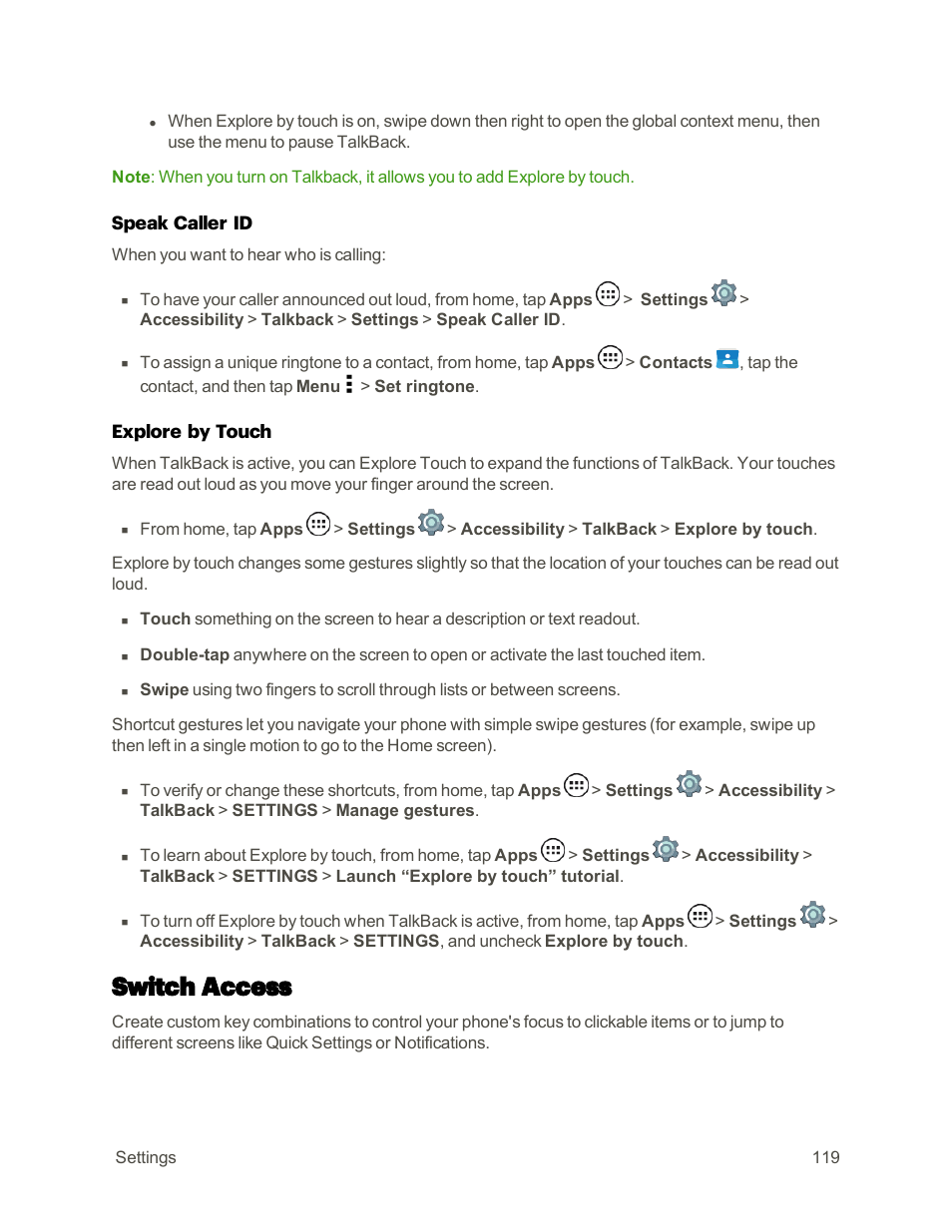 Switch access | Motorola moto E User Manual | Page 127 / 171