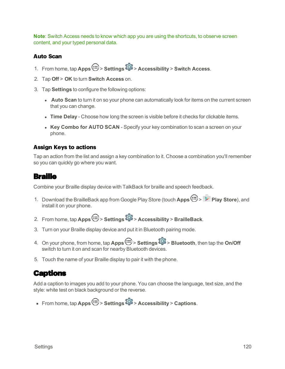 Braille, Captions | Motorola moto E User Manual | Page 128 / 171