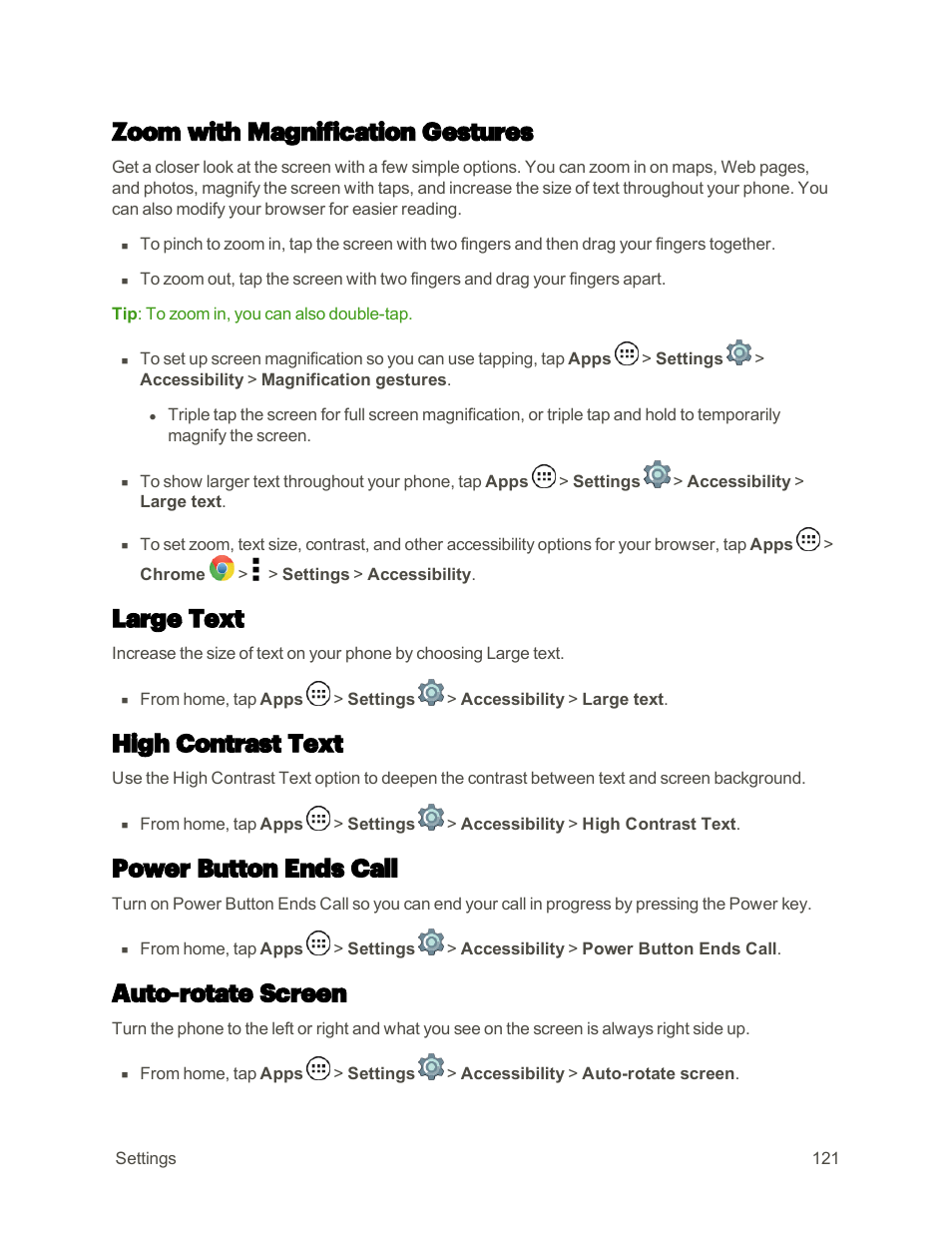 Zoom with magnification gestures, Large text, High contrast text | Power button ends call, Auto-rotate screen | Motorola moto E User Manual | Page 129 / 171