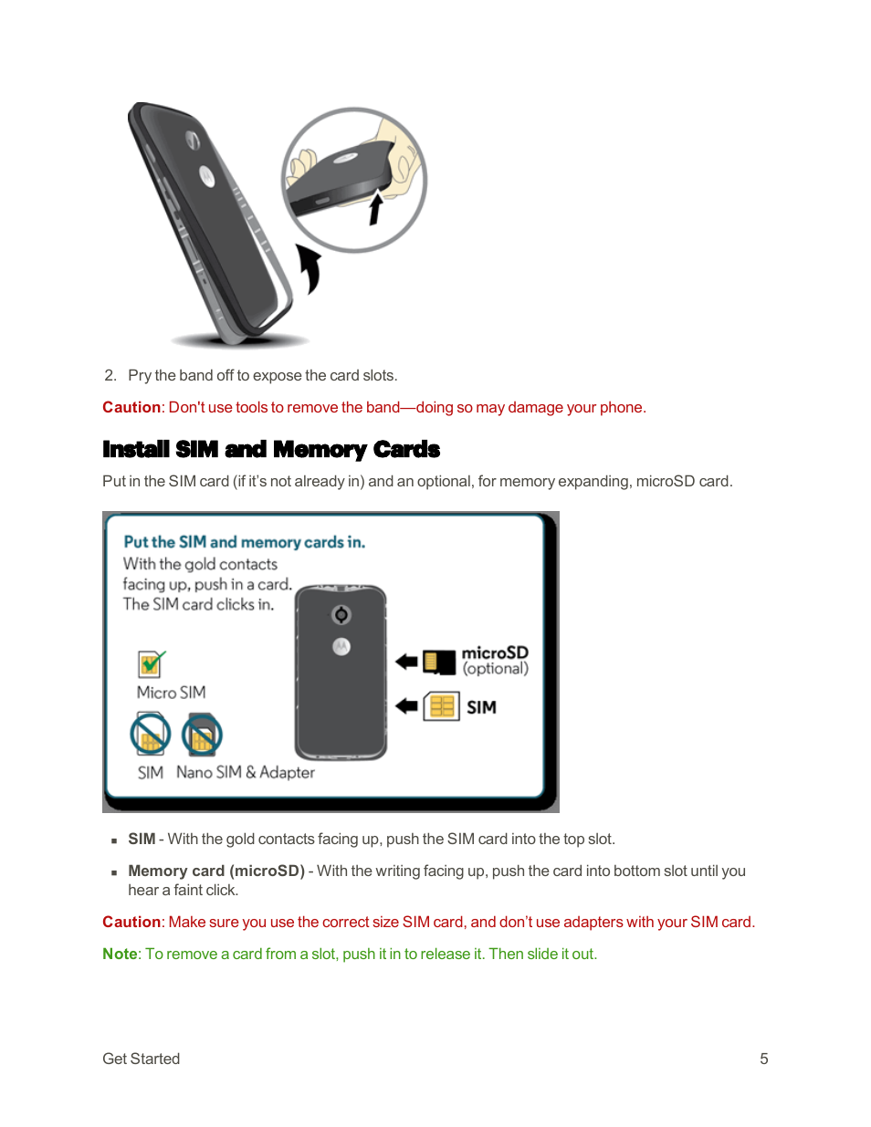 Install sim and memory cards | Motorola moto E User Manual | Page 13 / 171