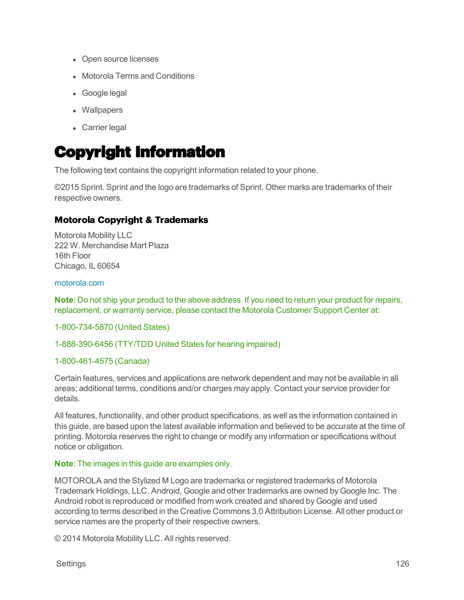 Copyright information | Motorola moto E User Manual | Page 134 / 171