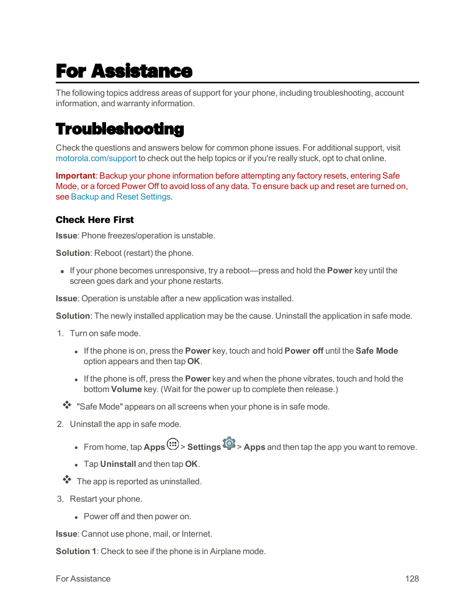 For assistance, Troubleshooting | Motorola moto E User Manual | Page 136 / 171