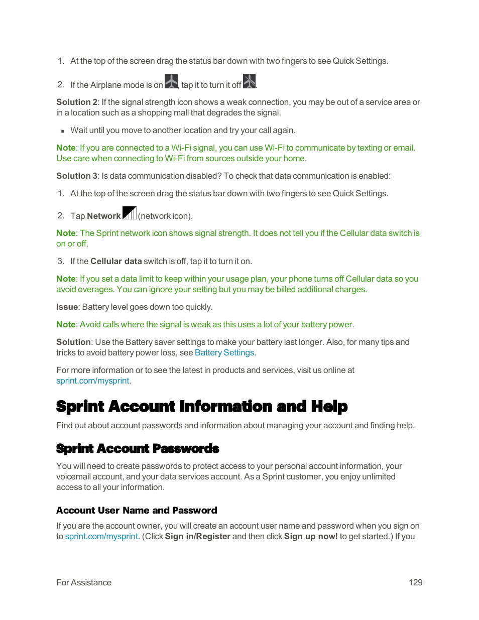 Sprint account information and help, Sprint account passwords | Motorola moto E User Manual | Page 137 / 171