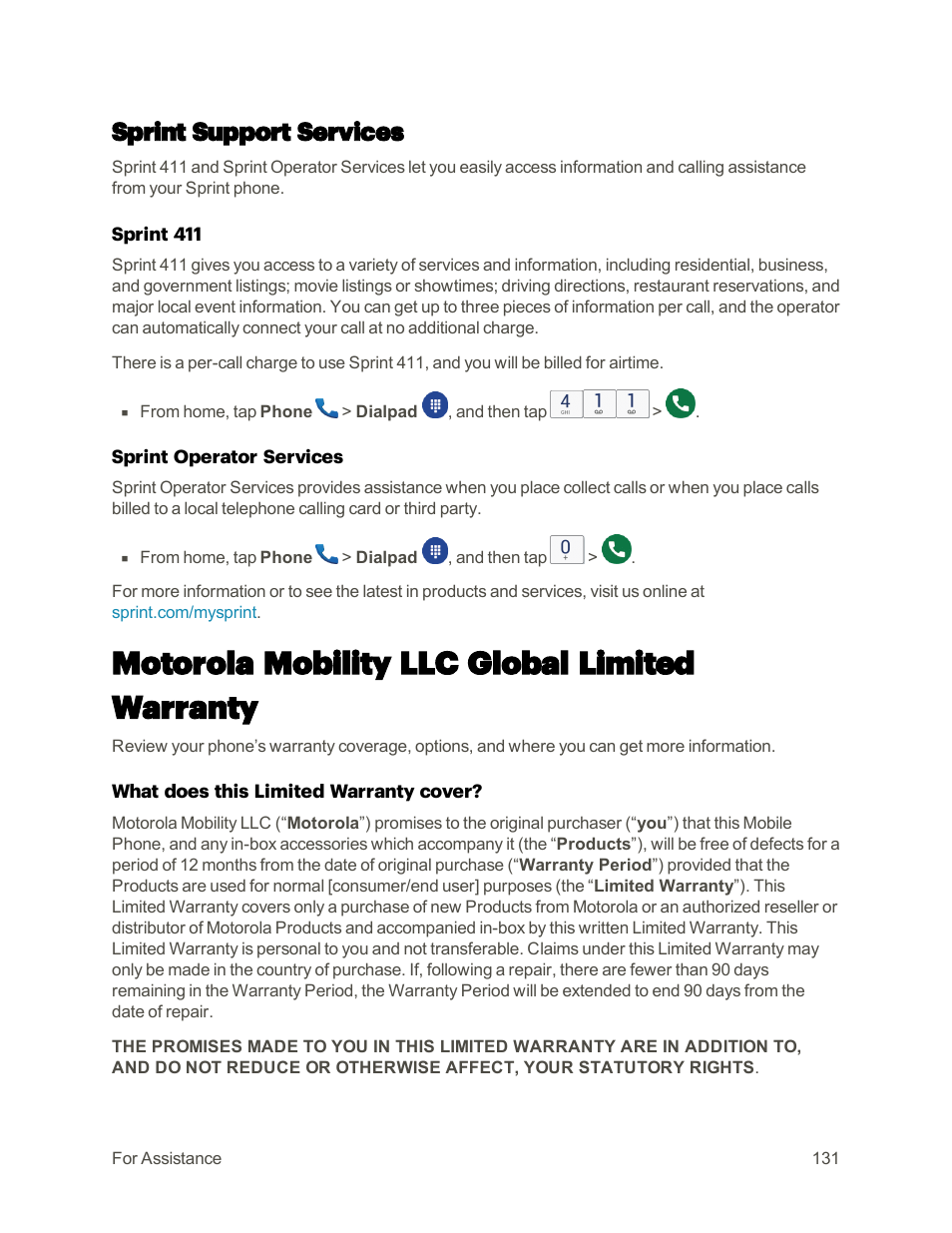 Sprint support services, Motorola mobility llc global limited warranty | Motorola moto E User Manual | Page 139 / 171