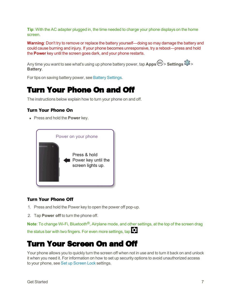 Turn your phone on and off, Turn your screen on and off | Motorola moto E User Manual | Page 15 / 171