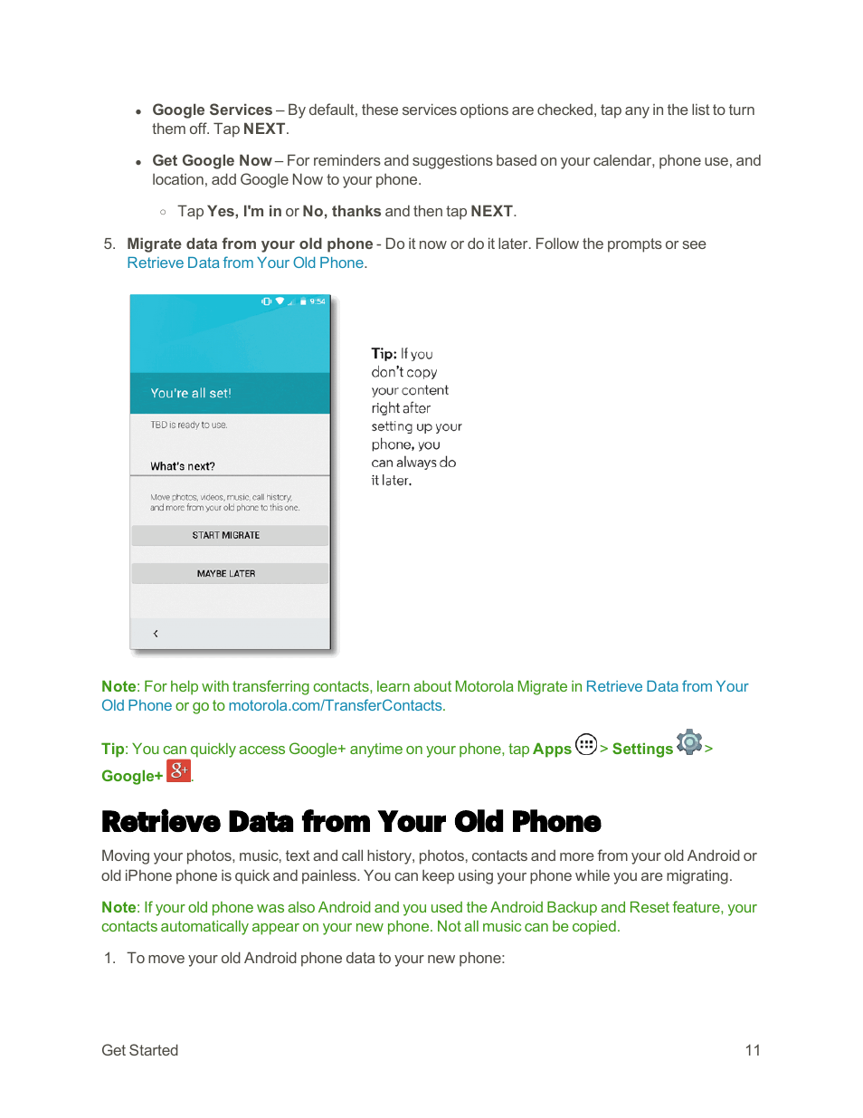 Retrieve data from your old phone | Motorola moto E User Manual | Page 19 / 171