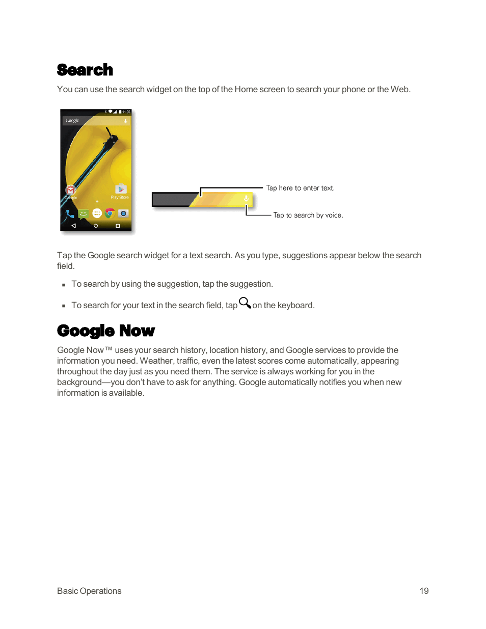 Search, Google now | Motorola moto E User Manual | Page 27 / 171