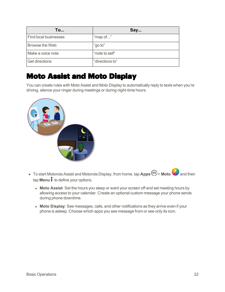 Moto assist and moto display | Motorola moto E User Manual | Page 30 / 171